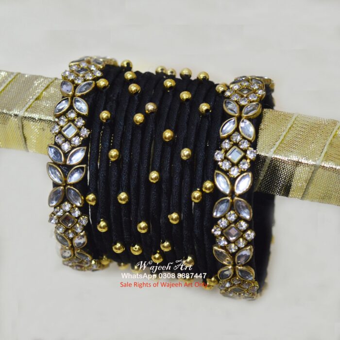 KBangle388 12 Pcs of Black Bangles With Kundan KAras