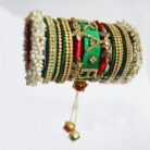 KBangle391 Customized Green & Red Name Kundan Bangle Set