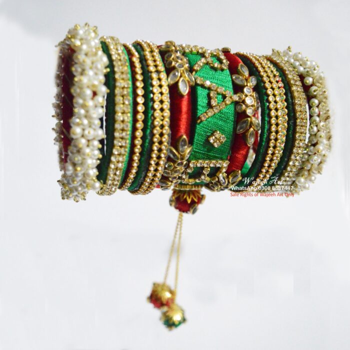 KBangle391 Customized Green & Red Name Kundan Bangle Set