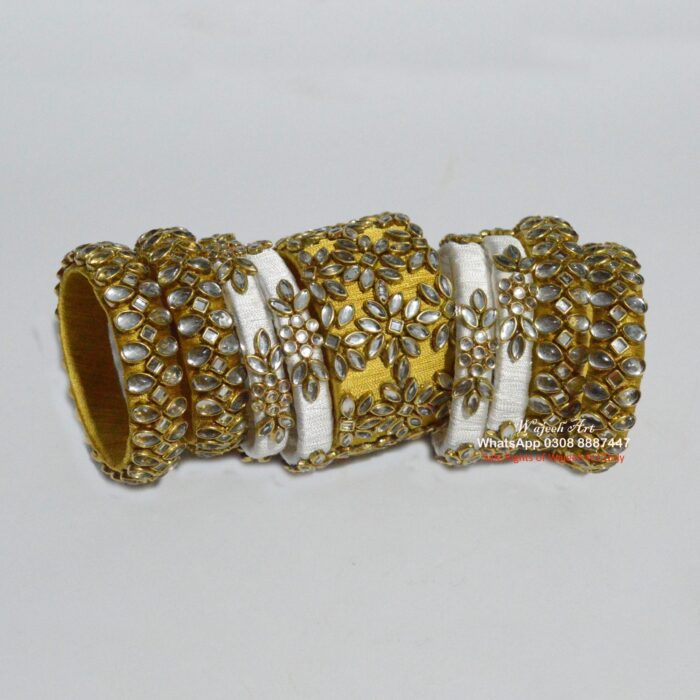 KBangle398a 8 pcs of yellow & white kundan bangles with kara