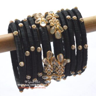 KBangle406 10 pcs black kundan bangle set with gold embellishment