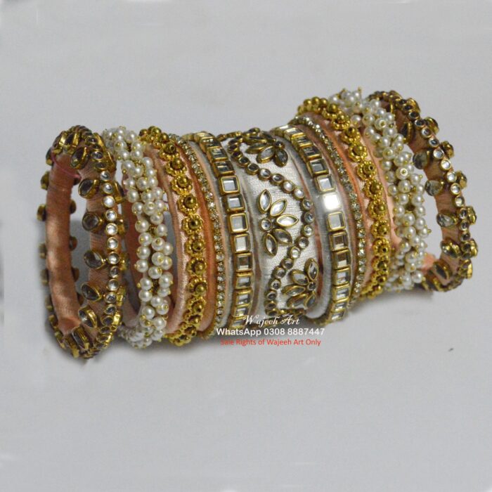 KBangle409 White and Peach Kundan Bangles