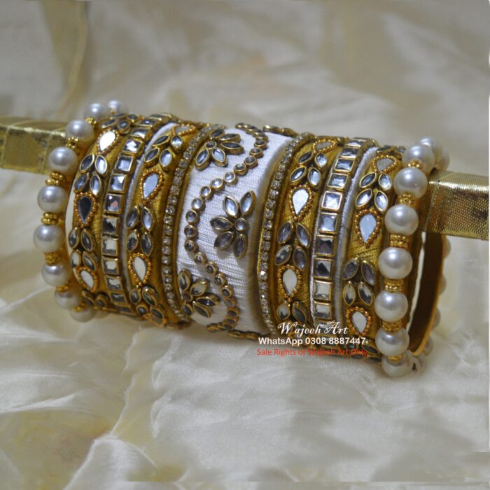 KBangle416 White & Gold Kundan Bangle Set With Pearls