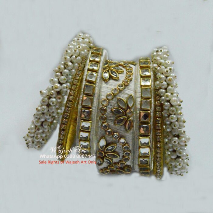KBangle413 All White Kundan Bangle Set With Pearls