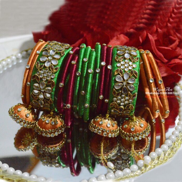 KBangle417 Three Color Kundan Banle Set With Tassels