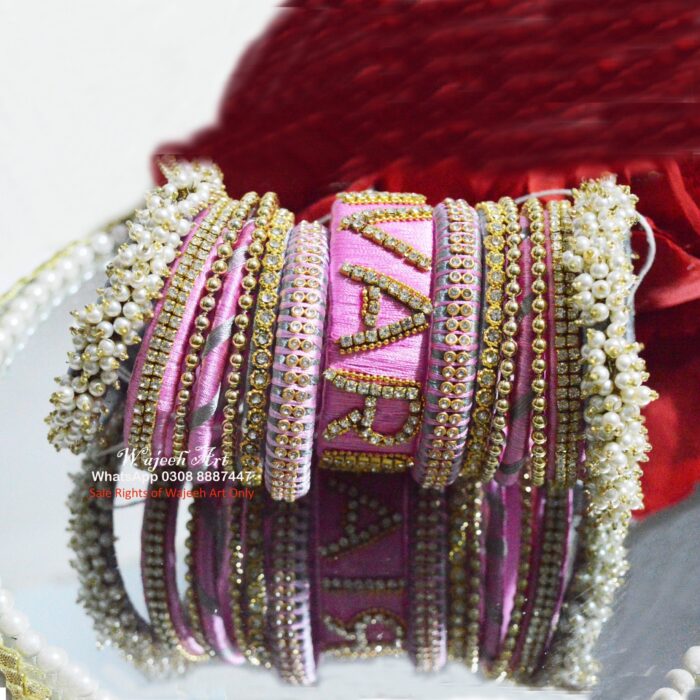 KBangle418 Baby Pink Name Kundan Bangle Set