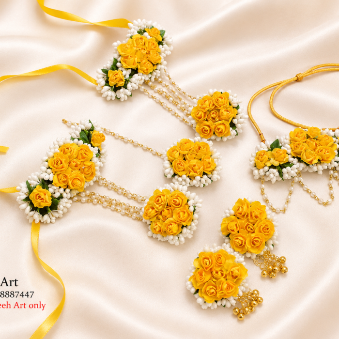 doughjewellery27 FJewel53 All Yellow Artificial Flower Jewellery Set With Bindaya