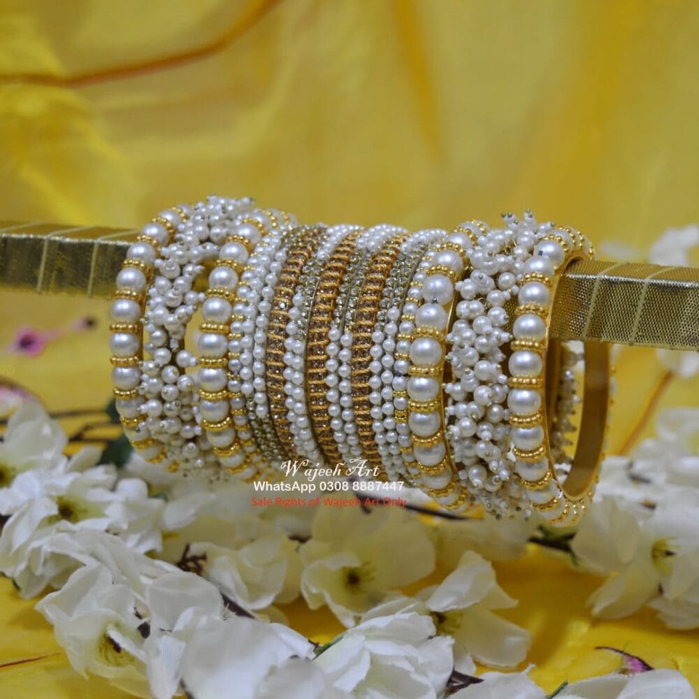 KBangle446 Zircon & Pearls Metal Bangle Set