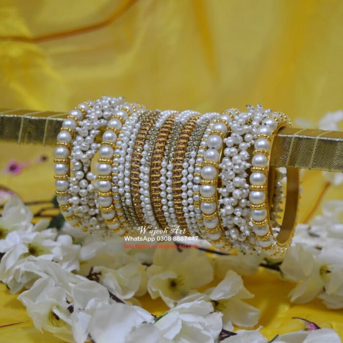 KBangle446 Zircon & Pearls Metal Bangle Set