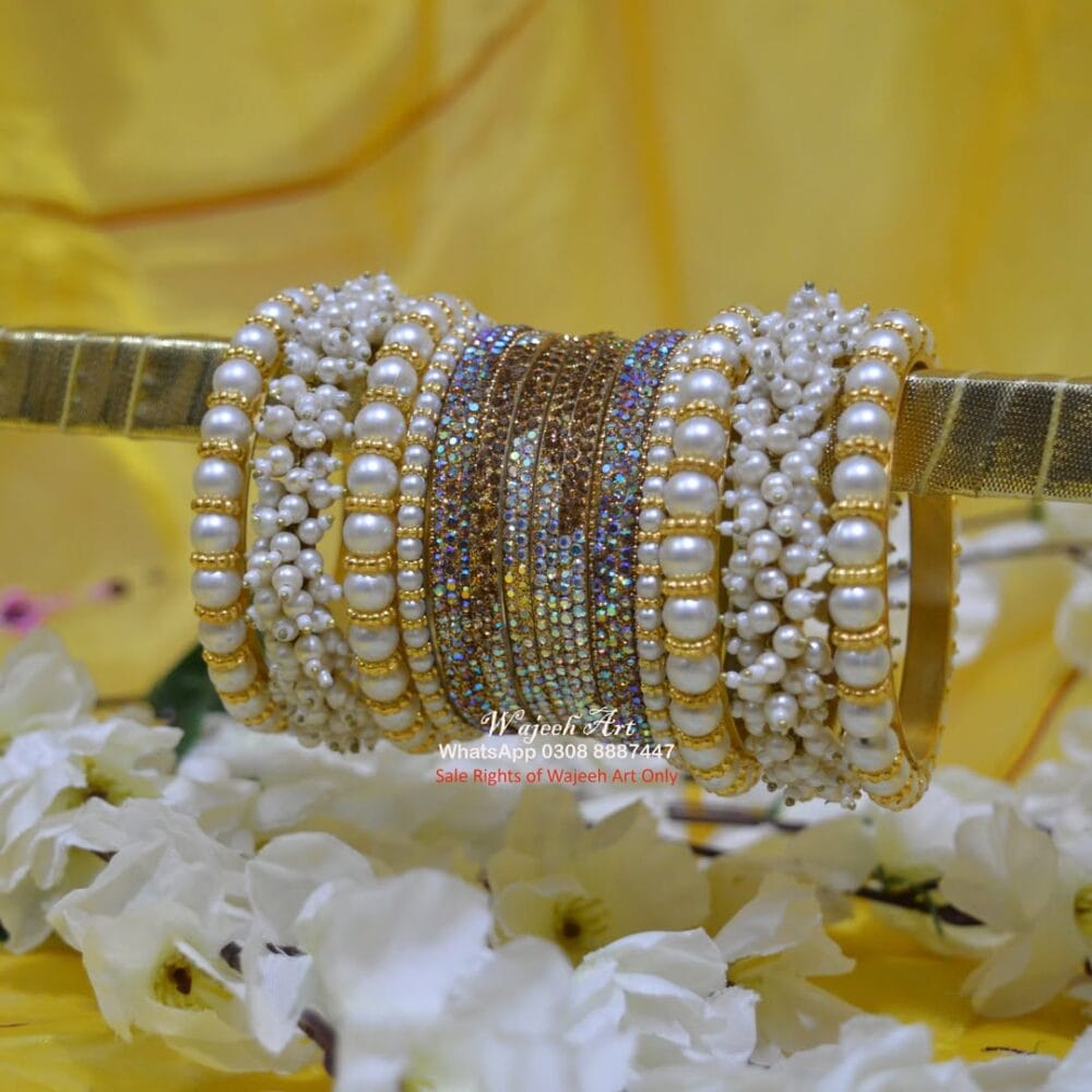 KBangle447 24pcs White Pearls and Zircon Bangle Set