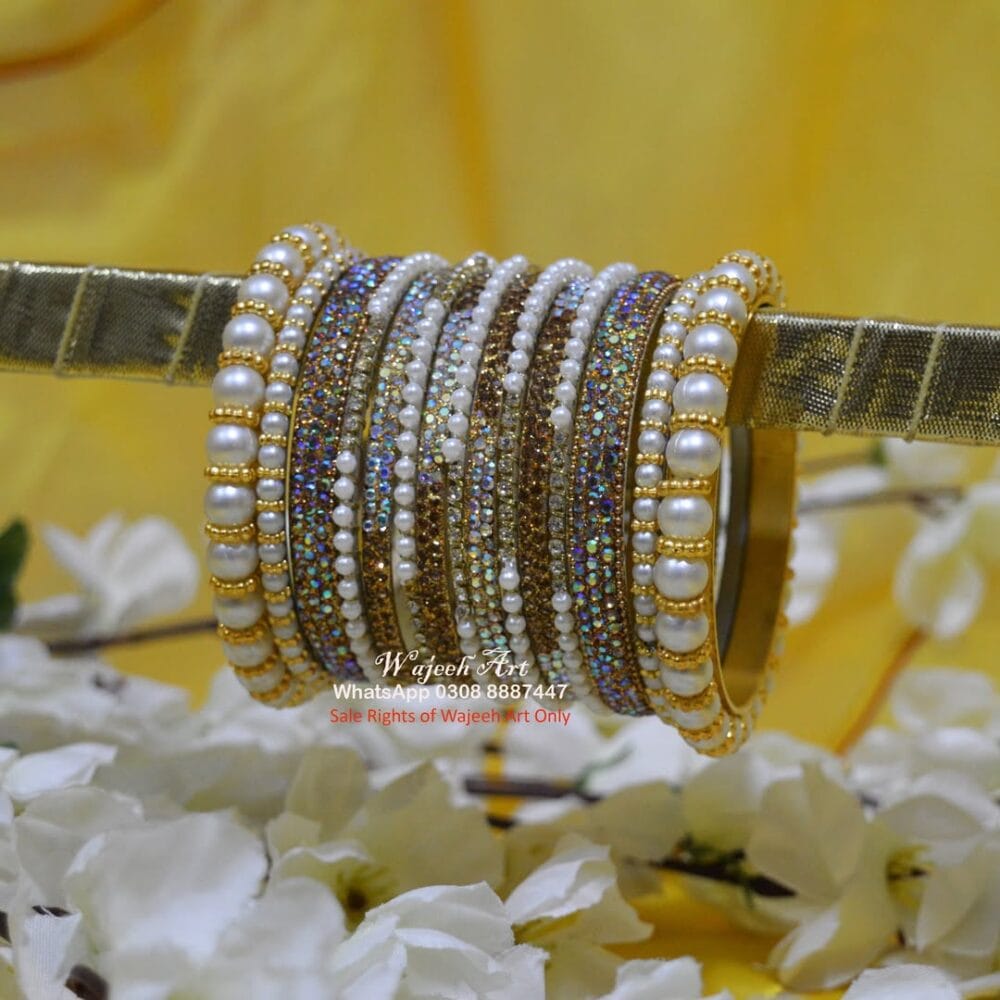 KBangle436 White Pearls and Zircon Bangle Set