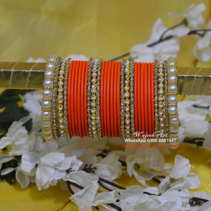 KBangle425 Orange Bangle Set with Pearls Embellishment