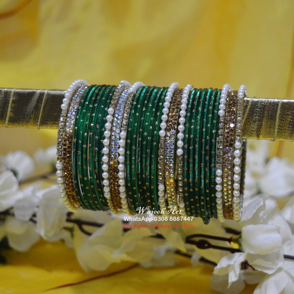 KBangle433 Green Metal and Pearl Bangle Set