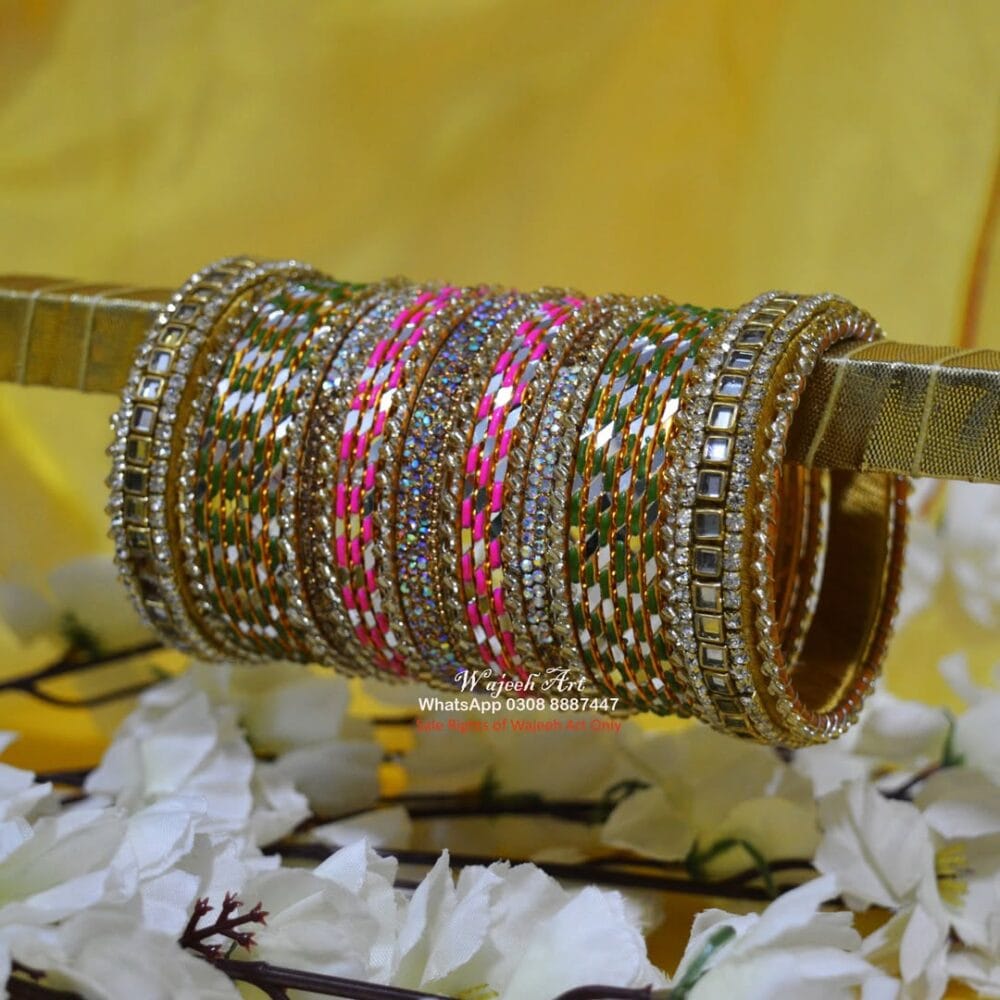 KBangle435 Pink & Yellow Kundan Bangle Set