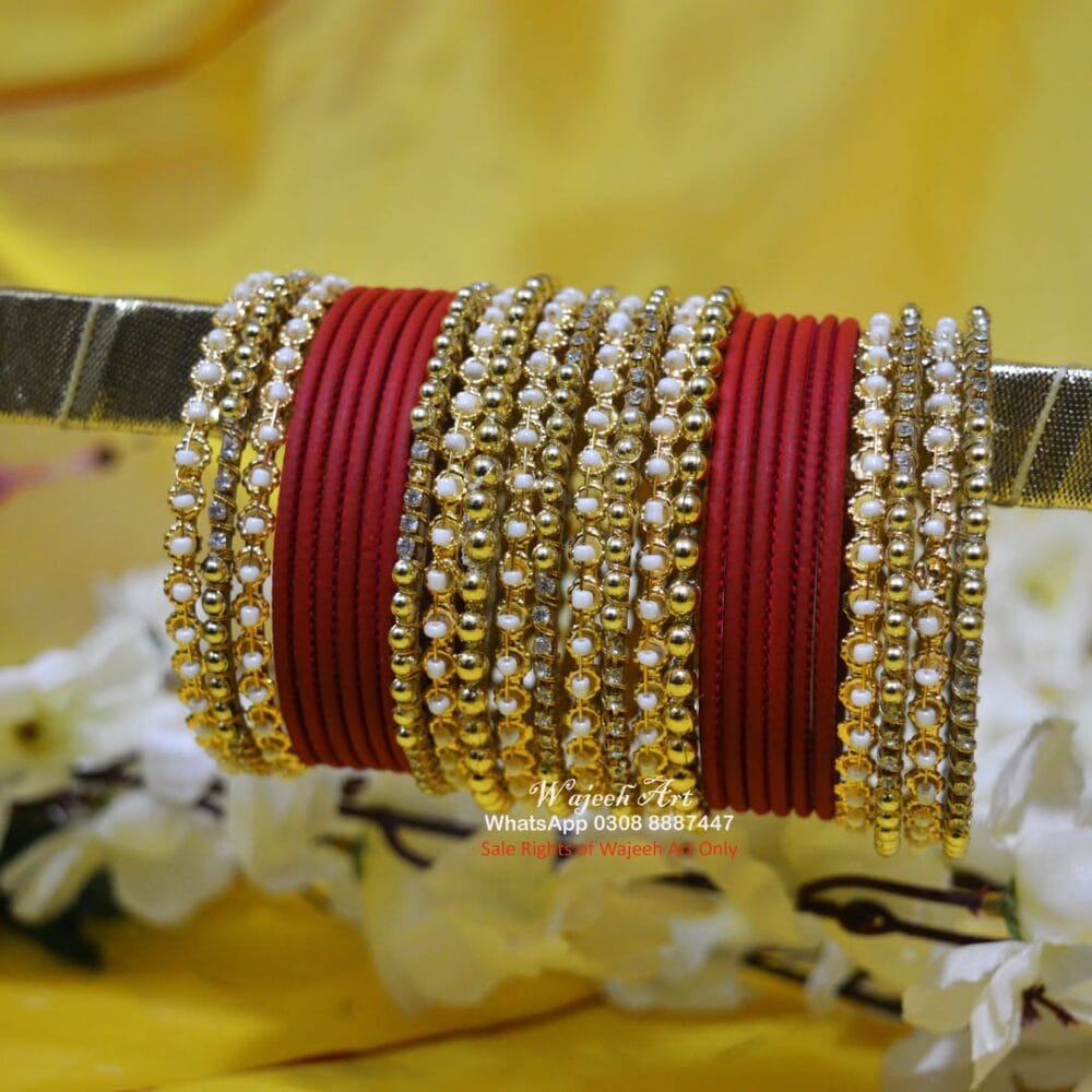 KBangle434 Red & Golden Pearls Bangle Set