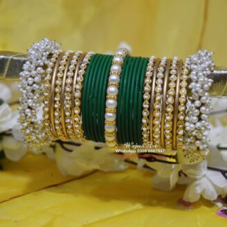 KBangle431 Green and Gold Pearls Bangle Set