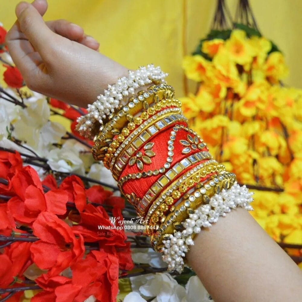 KBangle422 Kundan Bangle Set with Middle Kara and Pearls