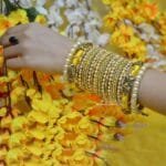 KBangle423 Yellow Kundan Bangle Set With Pearls