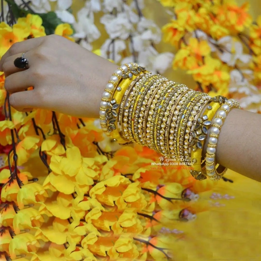 KBangle423 Yellow Kundan Bangle Set With Pearls