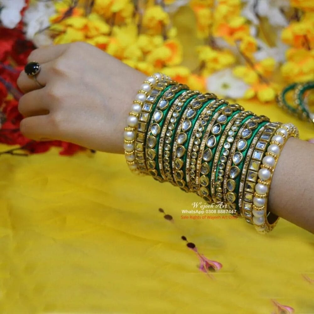 KBangle430 Green and Yellow Kundan Bangle Set with Pearls