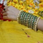 KBangle430 Green and Yellow Kundan Bangle Set with Pearls