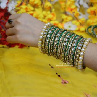KBangle430 Green and Yellow Kundan Bangle Set with Pearls