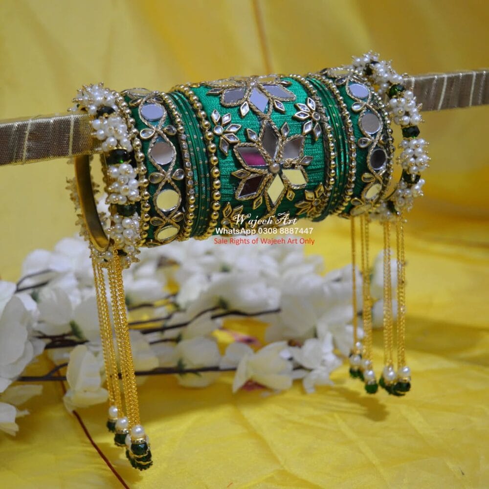 KBangle437 Green Kundan Bangle Set with Mirror and Pearls.