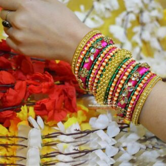 KBangle432 Pink,Yellow & Green Kundan Bangle Set