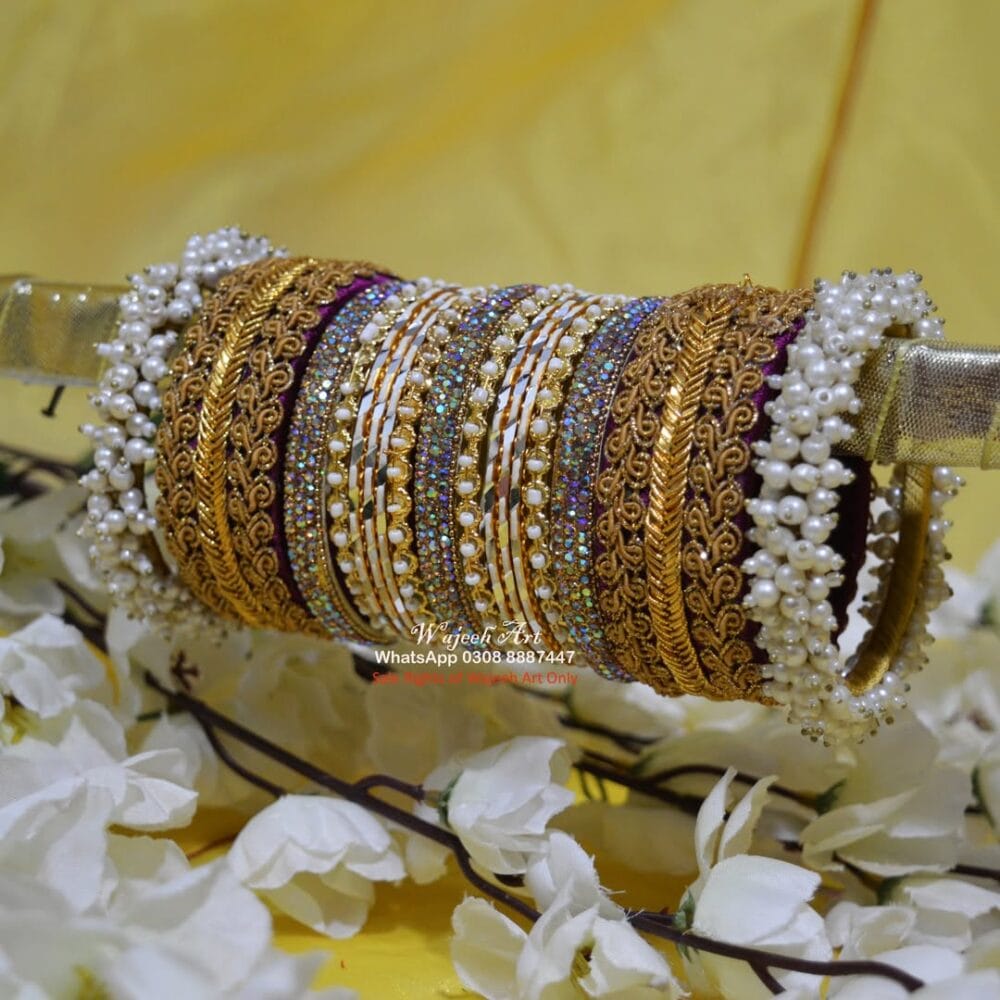 KBangle439 Golden Bangle Set with Pearl and Gota Work