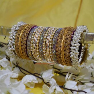 GBangle198 Golden Bangle Set with Pearl and Gota Work