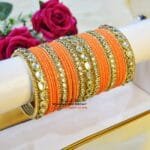 KBangle453 Orange Metal & Kundan Bangle Set