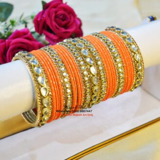 KBangle453 Orange Metal & Kundan Bangle Set