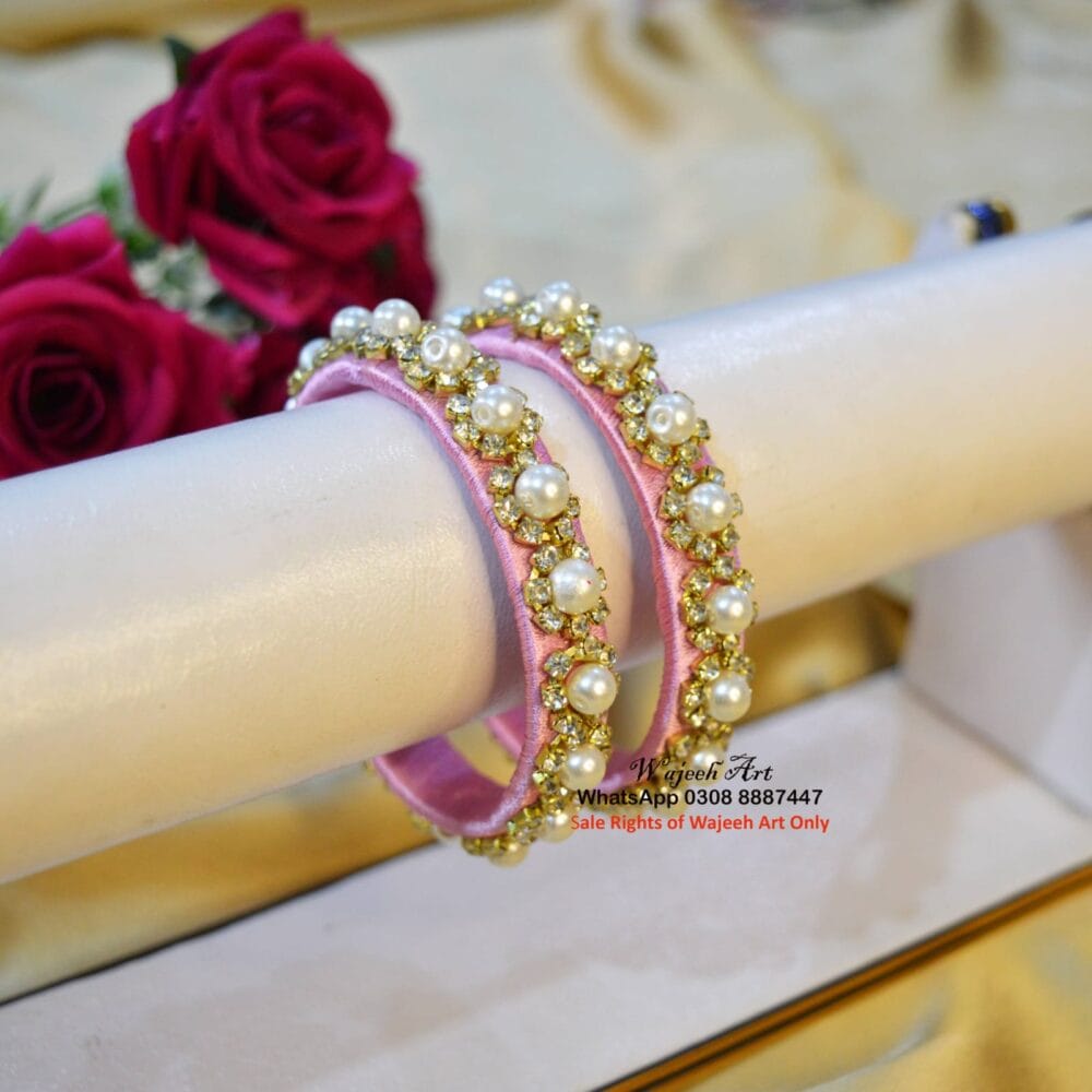 KBangle453 Pair of Pink Pearl & Zircon Bangle Set