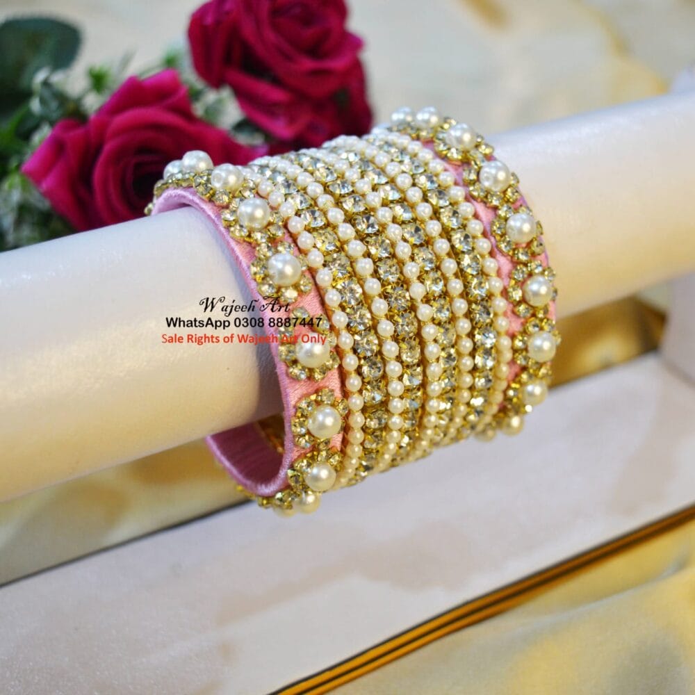 KBangle455 Pink Pearls & Zircon Bangle Set