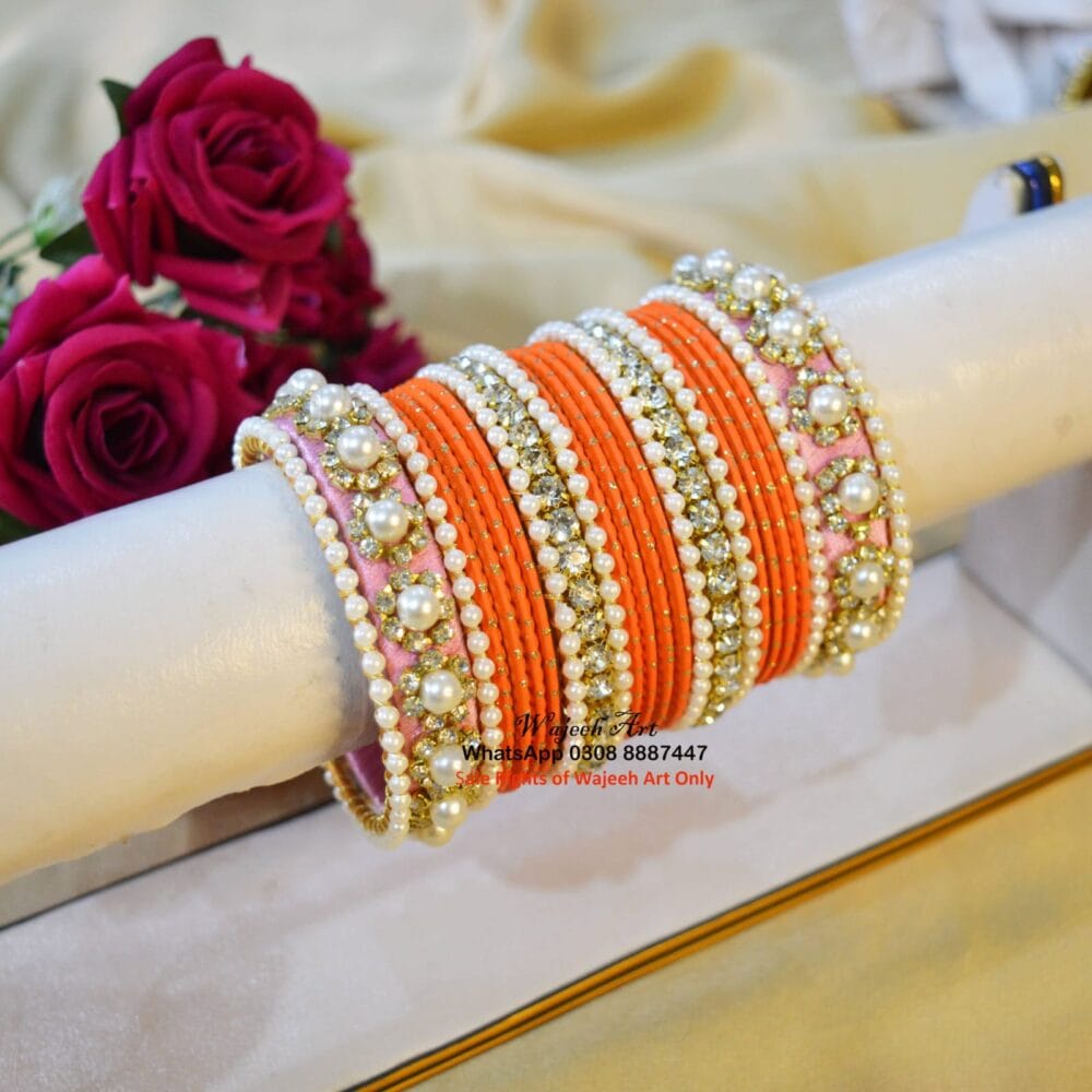 KBangle457 Orange & Pink Zircon Pearls Bangle Set