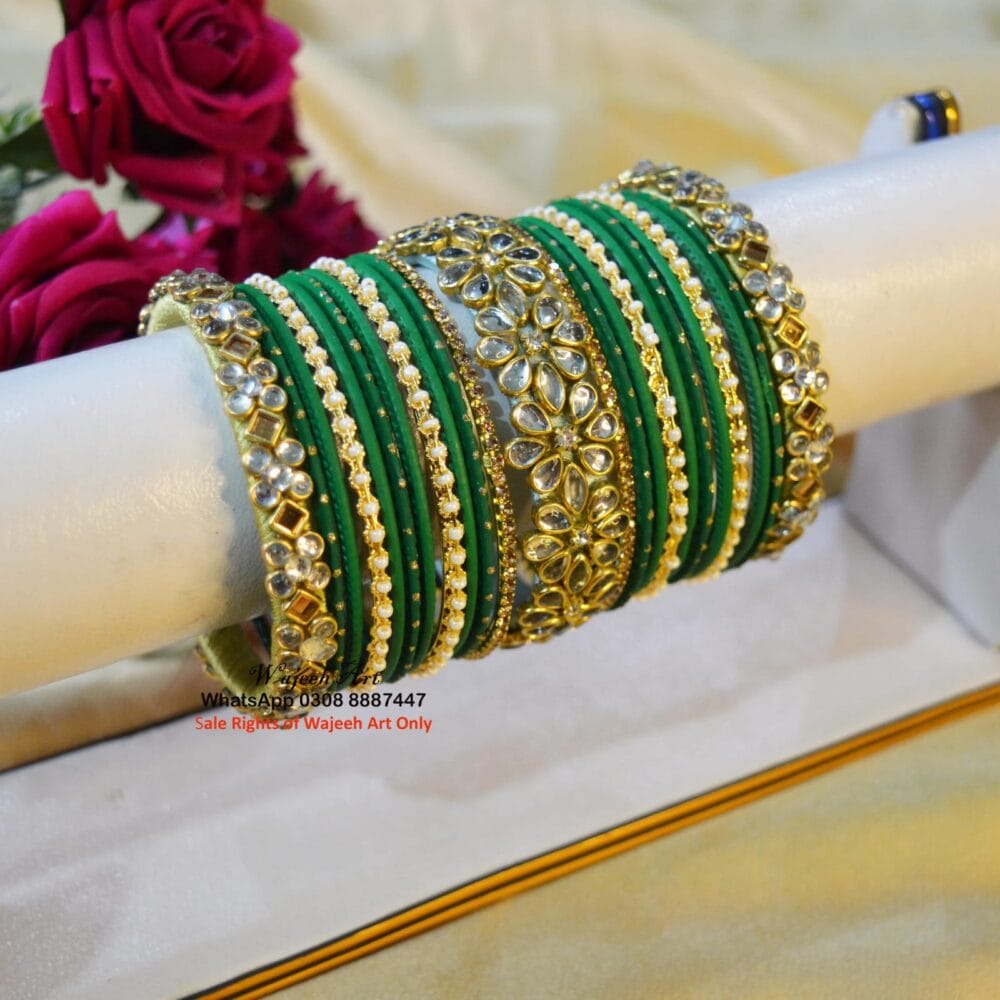 KBangle449 Green Metal Pearl and Kunda Bangle Set