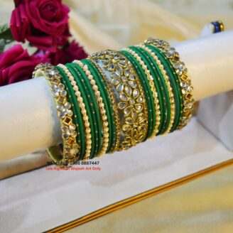 KBangle449 Green Metal Pearl and Kunda Bangle Set