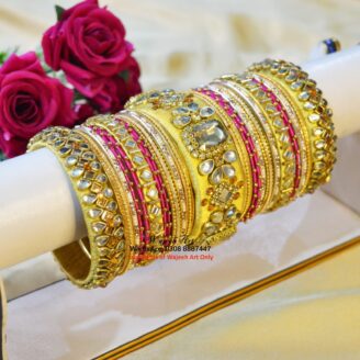 KBangle451 Yellow Metal Kundan Bangle Set with Zircon