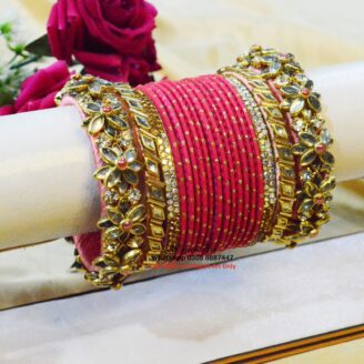 KBangle452 Shocking Pink Metal Kundan Bangle Set