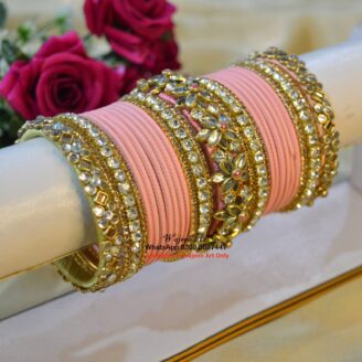 KBangle448 Pink Kundan Metal Bangle Set with Zircon