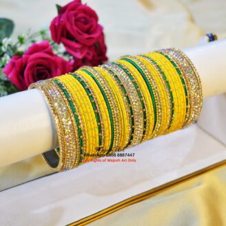 Kbangle463 Special Green & Yellow Shimmery Bangle Set