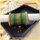 Kbangle459 Green and Golden Tassel Kundan Bangle Set