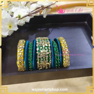 Kbangle462 Green & Blue Kundan Bangle Set