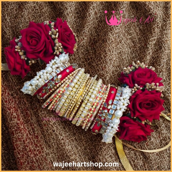 Kbangle466 Red Pearl Bridal Kundan Bangle Set with Gajray