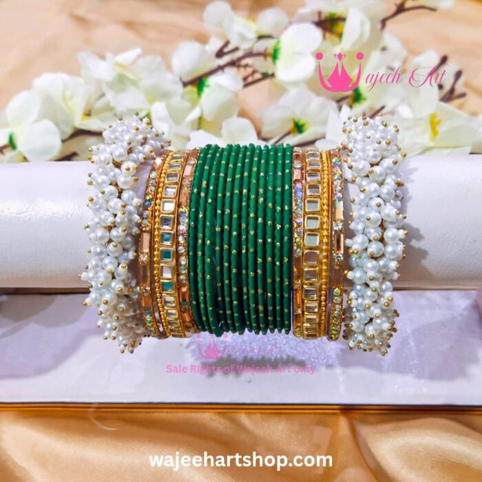 greenpearlkundanbangle KBangle479 Green Metal Kundan Pearls Bangle Set
