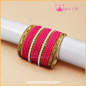 KBangle475 Shocking Pink & Golden Bangle Set
