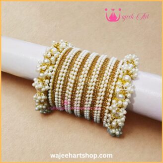 KBangle476 White & Golden Pearl Bangle Set