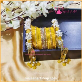 KBangle478 Yellow Metal Bangles with Zircon and Pearls Kara