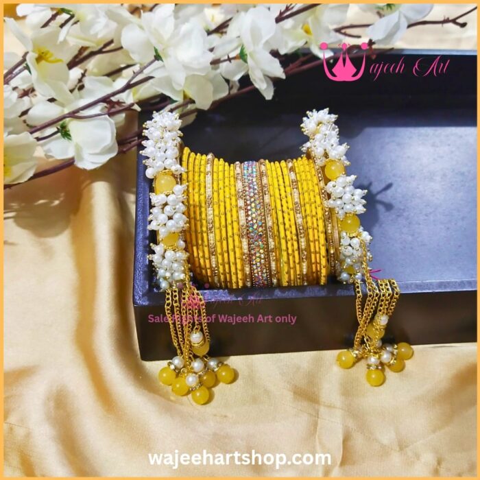 KBangle478 Yellow Metal Bangles with Zircon and Pearls Kara